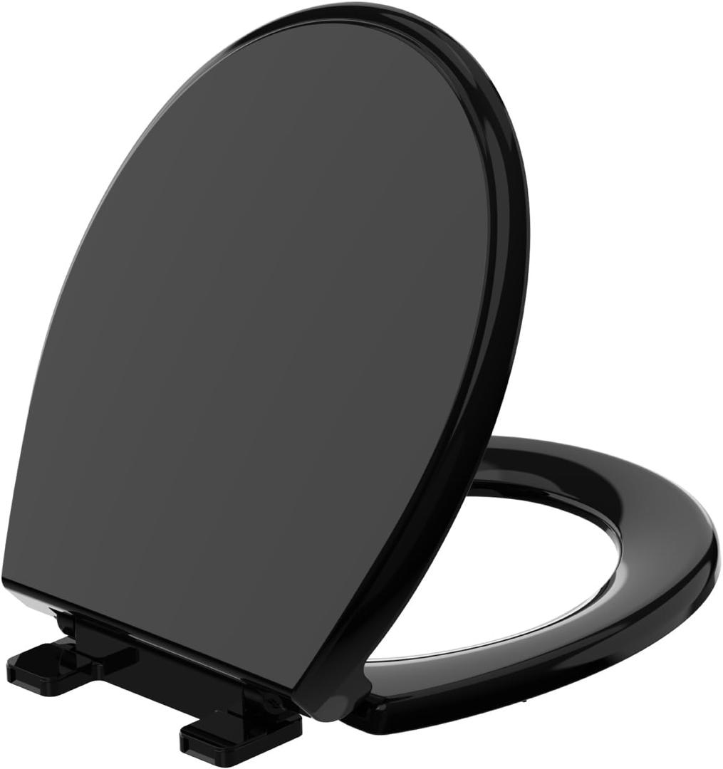 Toilet Seat Round Soft Close，Meydrdou Toilet Lid 16.5inch，Slow Close Quiet No Slam，Easy Installation & Release for Bottom Fixing Toilet，Safe PP Material Easy Clean, Black