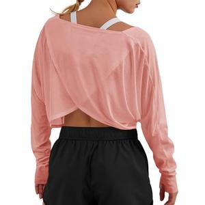 Fisoew Womens Long Sleeve Workout Tops Athletic Shirts Cropped Crossover Back Loose Running Gym Tee with Thumb Holes Pink