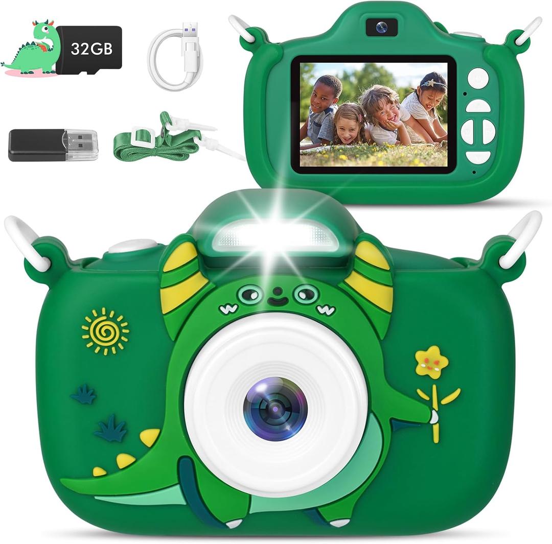 Kids Camera with Flashlight & 2.4in Screen, 1080P Dual Lens Toddler Camera - Christmas Birthday Gift for 3-12 Year Old Girls Boys, Kids Digital Camera with 32GB Card & Shockproof Case (Green)