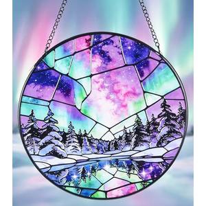 Stained Glass Window Hanging Suncatchers with Aurora Borealis 12.6", Winter Landscape Glass Panel with Metal Chain for Home Decor Gift for Women Mother's Day, Birthday, Men, and Mom