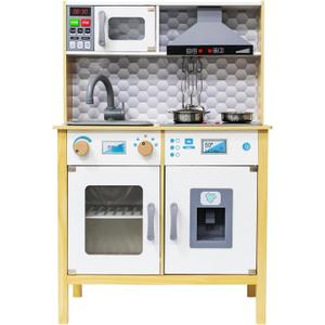 Play Kitchen for Kids Toddlers, Toy Kitchen Playset with Real Lights & Sounds, Wooden Play Kitchen with Cooking Set, Ice Maker, Microwave, Oven for Girls Boys Ages 3+