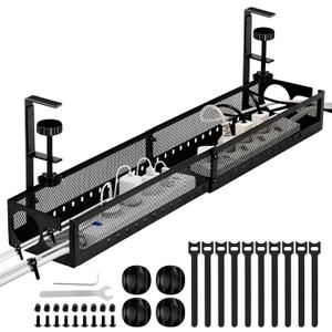 Under Desk Cable Management Tray No Drill - 25'' Large Metal Mesh Cord Organizer with Clamp Mount 2 Hole Cable Organizer Tray with Wire Management for Home Office Standing Desk