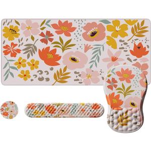 iLeadon Large Desk Mat, Ergonomic Mouse Pad and Keyboard Wrist Rest, Anti Slip Desk Mat Set with Keyboard Wrist Pad, Smooth Large Mouse Pad Gaming for Home Woman (Flower)