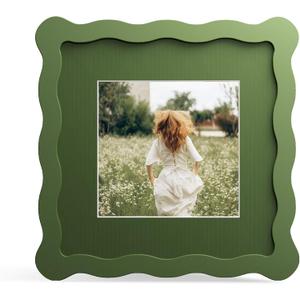 6x6 Picture Frame with Mat for 4x4, Wavy Edge Wooden Real Glass Photo Frame for Tabletop and Wall Hanging, Green, 1 Pack