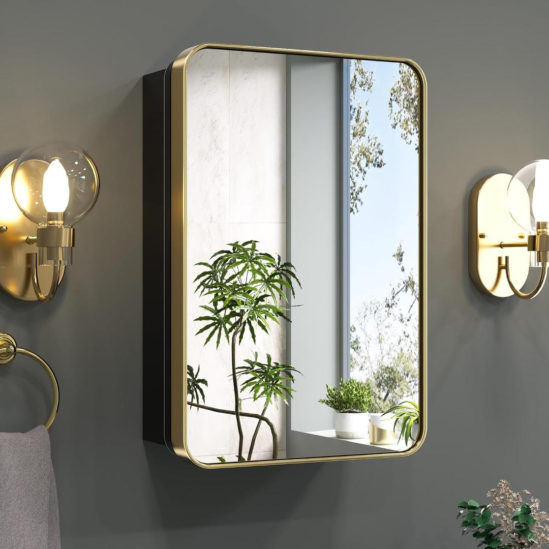 Keonjinn Gold Bathroom Medicine Cabinet with Mirror 16 x 24 Inch, Small Brushed Brass Medicine Cabinet, Stainless Steel Framed, Stepless Adjustable Shelves, DTC Hinges, Recessed or Surface Mount