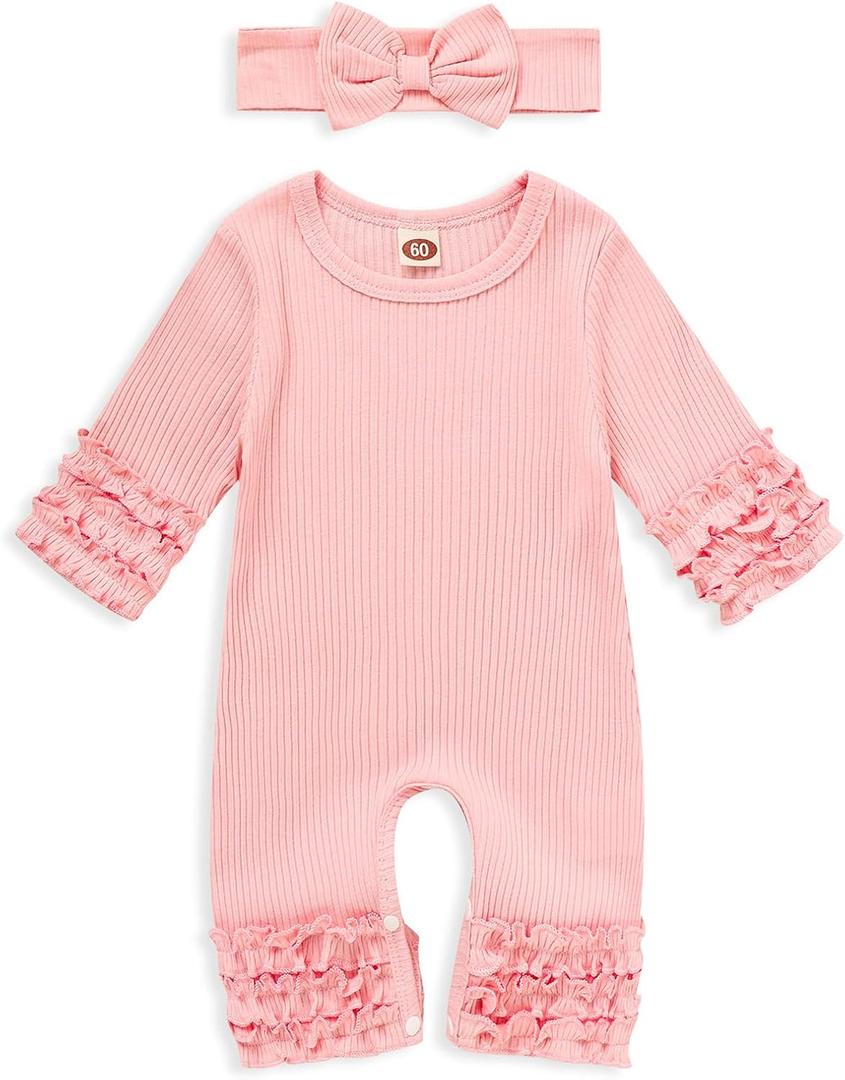 GRNSHTS Newborn Baby Girls Ruffle Romper Solid Long Sleeve Jumpsuit One-Piece Coming Home Clothes With Headband  (Pink#3, 3-6M)