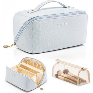 VLANDO Makeup Bag,Travel Toiletry Bag,Cosmetic Bag for Women PU Leather Portable Make up Bag for Skincare, Brushes & Travel Essentials-Baby Blue