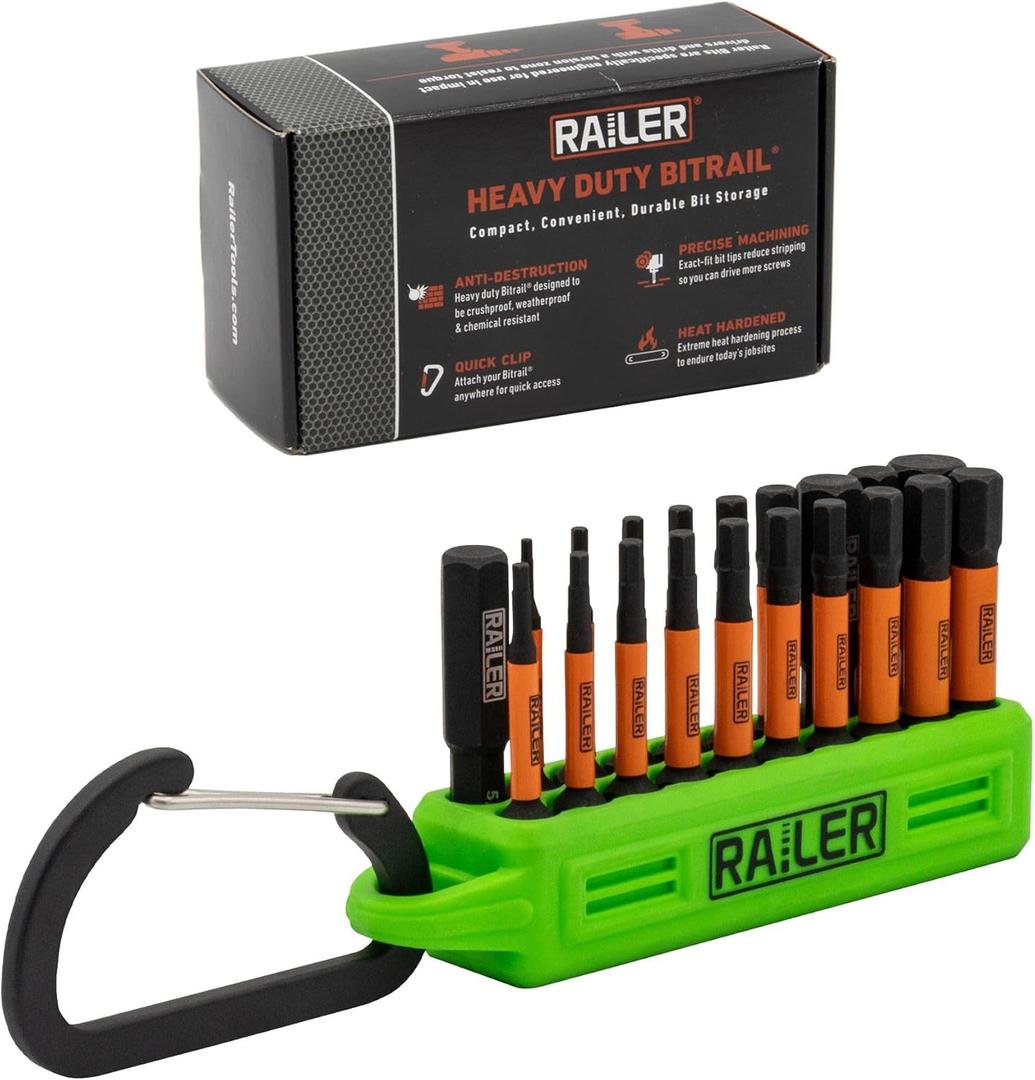 Allen Wrench Hex Bit Set - Railer 2 Inch Impact Driver 20pc Hex Bit Set With A Bit Holder & Carabiner. Premium S2 Steel, Ideal For Furniture Screws (Hi-vis Green Bitrail)