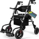Foldable Rollator Walkers for Seniors with Seat, Lightweight 2 in 1 Rolling Walker Wheelchair Combo for Adult, Transport Chair with Brakes, Adjustable Seat and Handle, 300 Lb. Weight Capacity, Grey