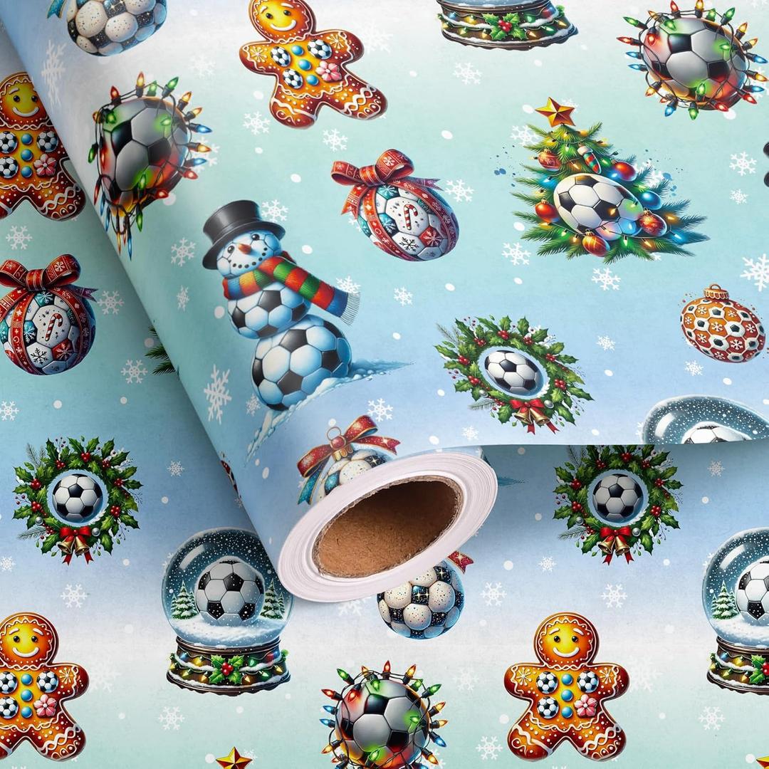Altarho Soccer Christmas Wrapping Paper Roll for Kids Girls Women - Snowman Gingerbread Design Gift Wrap for Xmas Holiday Total 28.5sq.ft