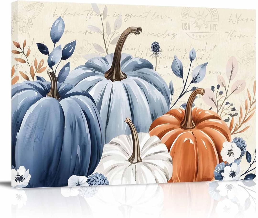 Blue Pumpkins Fall Modern Art Wall Decor for Living Room/Bedroom, Farmhouse Thanksgiving Weeping Leaves Large Canvas Art Painting Framed Ready to Hang 24" x 16" x 1 Panel (beige)