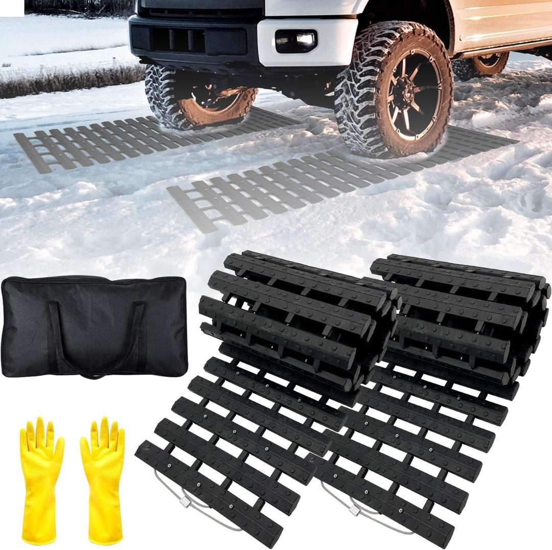 BASHIK Portable Recovery Traction Mat Tracks for Car/Truck in Mud, Snow, IceSand Emergency Strong Grasping Strength Gloves and 1 Bag Attached2 Pcs 47.5 X 10.6
