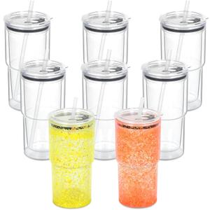 18 Oz 8 Pack Acrylic Snowglobe Tumbler, Snow Globe Cups with Pre Drilled Hole, Double Wall Plastic Clear Travel Coffee Tumbler Mugs for Snow Globe Glitter DIY