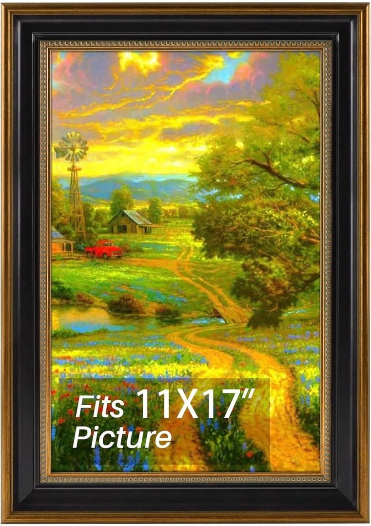 11x17 Picture Frame without Mat for 11x17 Photo/Print, High Definition Real Glass Wall Display (Ornate Gold/Black)