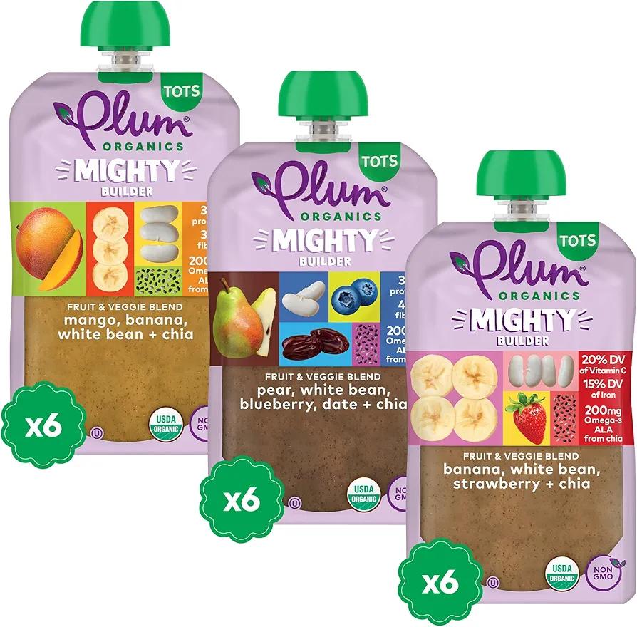 Plum Organics - 12+ Months Organic Baby Food Variety Pack - 3 Flavors - Non-GMO - Fruit & Veggie Blends On-The-Go Pouches for Baby and Toddler Meals - Quality Tested Ingredients - 4 oz (Pack Of 18)