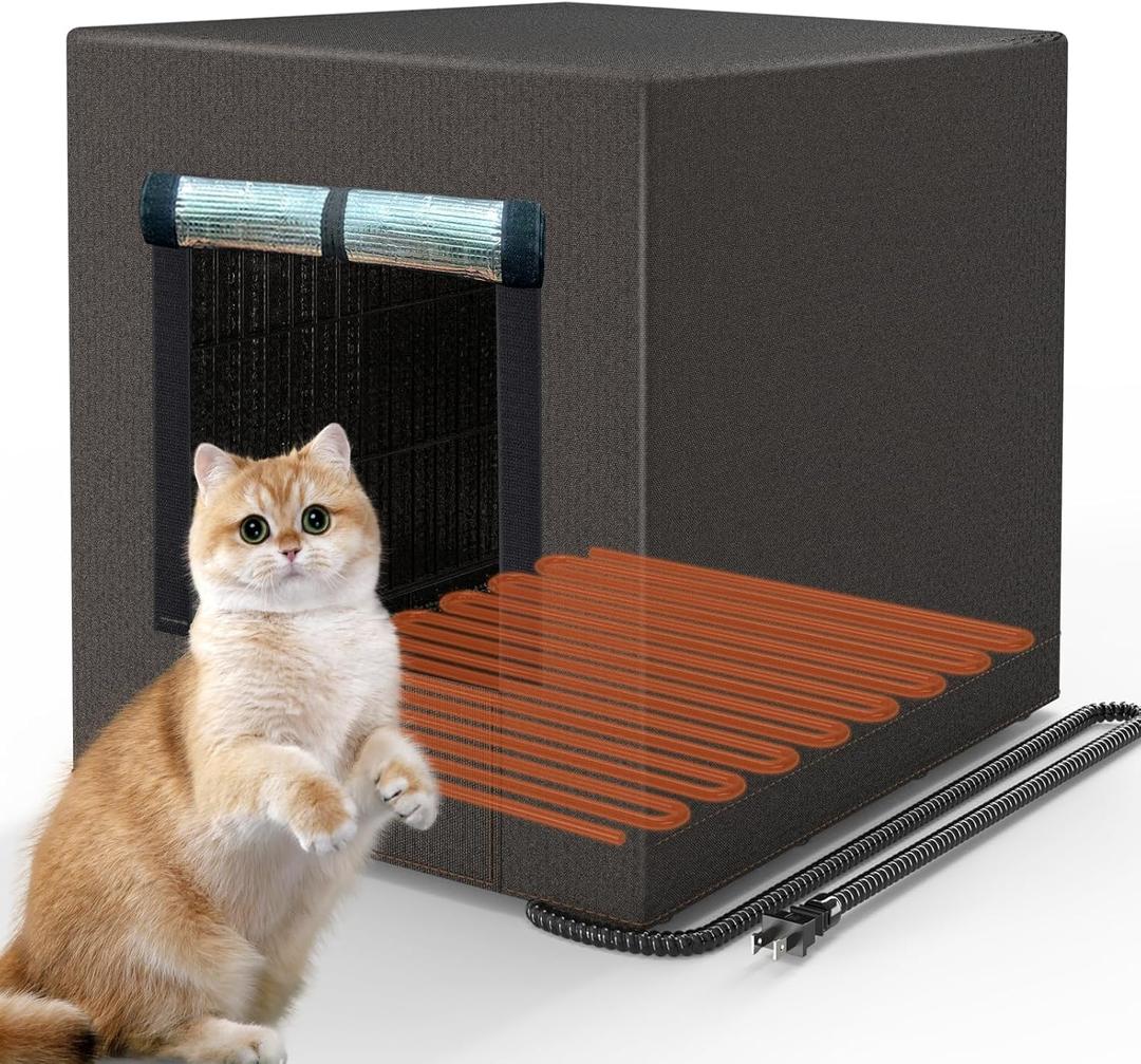 Heated Cat House for Outside, Insulated Outdoor Cat House Weatherproof Winter Large Feral Cat Shelter for Stray Cats, Brown