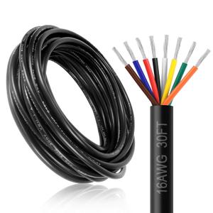16 Gauge 8 Conductor Electrical Wire, 30FT 16AWG Black PVC Stranded Tinned Copper 8 Wire Cable, 16/8 Cord Extension Cable