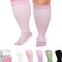 UISLII Plus Size Compression Socks Wide Calf Women Men,5 Pairs 20-30mmHg Extra Width Calf Viscose Knee High Compression Socks for Circulation Support (XL, Black/White/Purple/Green/Pink)
