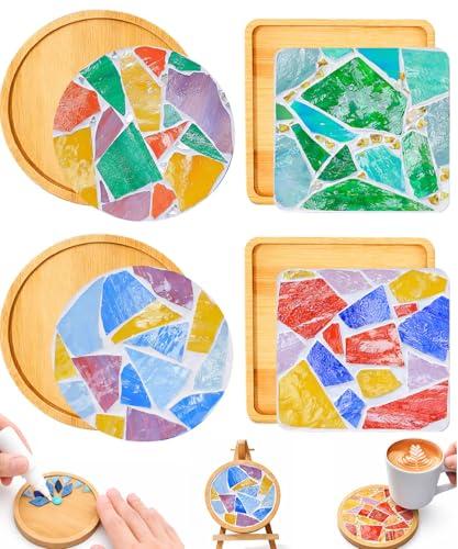 GHAHILI 4 Sets DIY Mosaic Kits for Adults Glass Mosaic Tiles for Crafts with Wooden Coasters for Women Mixed Color Mosaic Art Kit Craft Coaster Project Handmade Making Kit Set for Home Decor Gifts
