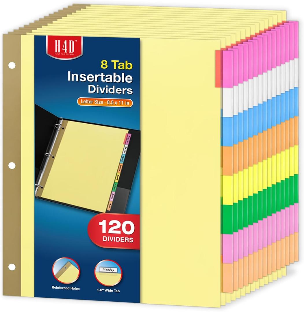 H4D 120 Pack Insertable Binder Dividers with 8 Tabs, Multicolor Tab Dividers for 3-Ring Binder, Gold-Reinforced Holes, Letter Size