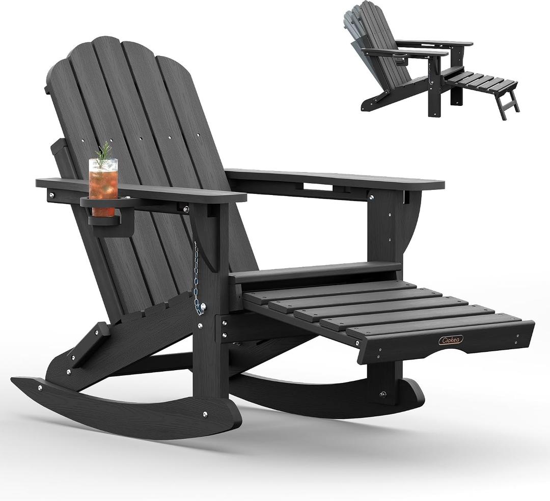 Rocking Adirondack Chair with Ottoman, Folding Rocker (Dark Grey) | 4-in-1 Design, HDPE, Pull Out Footrest, 2 Cup Holders, Adjustable Backrest, Outdoor, All Weather, Ideal for Porch Patio Deck