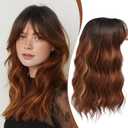 Hair Topper with Bangs 16 Inch Red Brown Balayage Synthetic Wavy Hair Toppers for Women 6.5"x6.5" Big Base Invisible Wiglets Hairpieces for Women Daily Wear