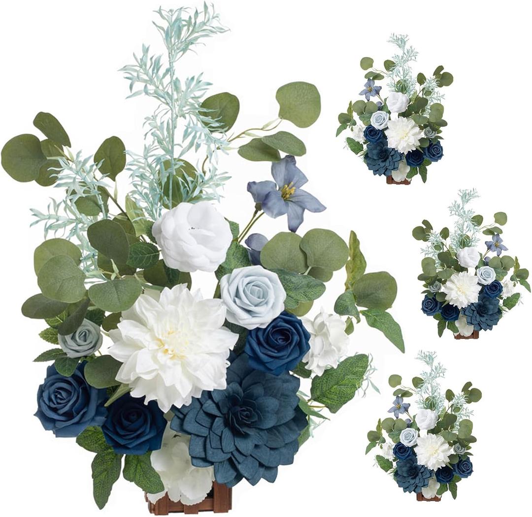 Ling's moment 17.5" Tall Standing Artificial Flowers Arrangements 4 pcs Wedding Aisle Runner Chair Decorations Dusty Blue Navy Centerpieces for Ceremony Reception Rose Floral Party Outdoor