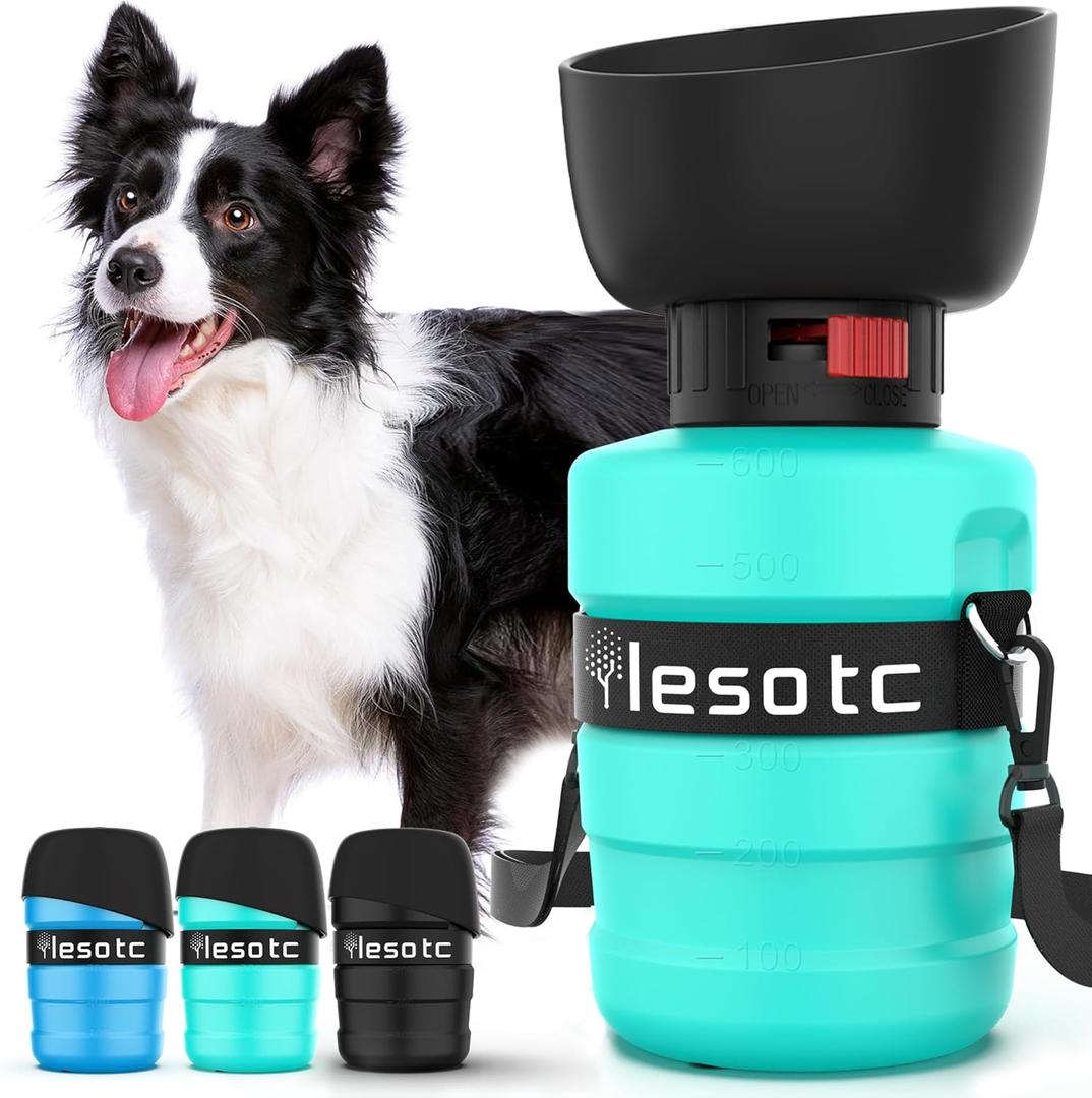 lesotc Dog Water Bottle, Portable Water Dispenser with Bowl, Leak Proof Pet Travel Squeeze Bottle, Puppy Essentials Dog Stuff Accessories for Outdoor Walking, Hiking, Camping (21 Ounces, Light Blue)