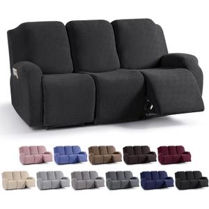 KinCam Recliner Covers, Stretch Reclining Chair Covers, Recliner Sofa Slipcovers Stripe Jacquard Recliner Couch Covers Furniture Protector Covers for Pet Kid (3 Seater, Black)