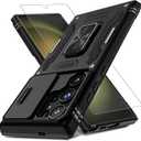 DEERLAMN Case for Samsung Galaxy S25 Ultra with Slide Camera Cover+Screen Protector, Rotated Ring Kickstand Military Grade Drop Protection Shockproof Protective Cover-Black (S25 Ultra-6.9 Inch)