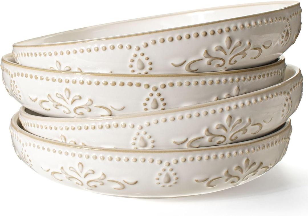 Artena Pasta Bowls, 50oz Large Salad Serving Bowls, 9.75'' Plates Bowls Set of 4, Big White Ceramic Soup Bowls for Kitchen, Embossment Shallow Dinner Bowl, Microwave Dishwasher Safe, Damask Floral