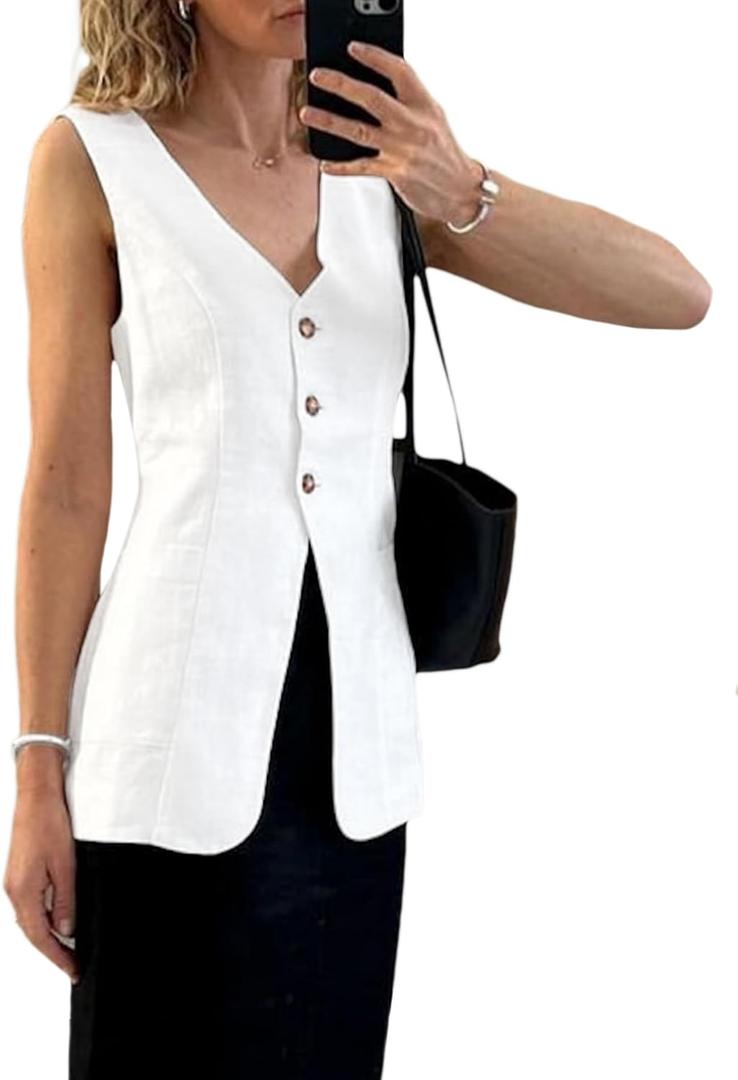 2025 Summer Women's Linen Vest Tops Lightweight Breathable Long Fashion V-Neck Fully-Lined Work Casual Vest Pockets (XX-Large, White)