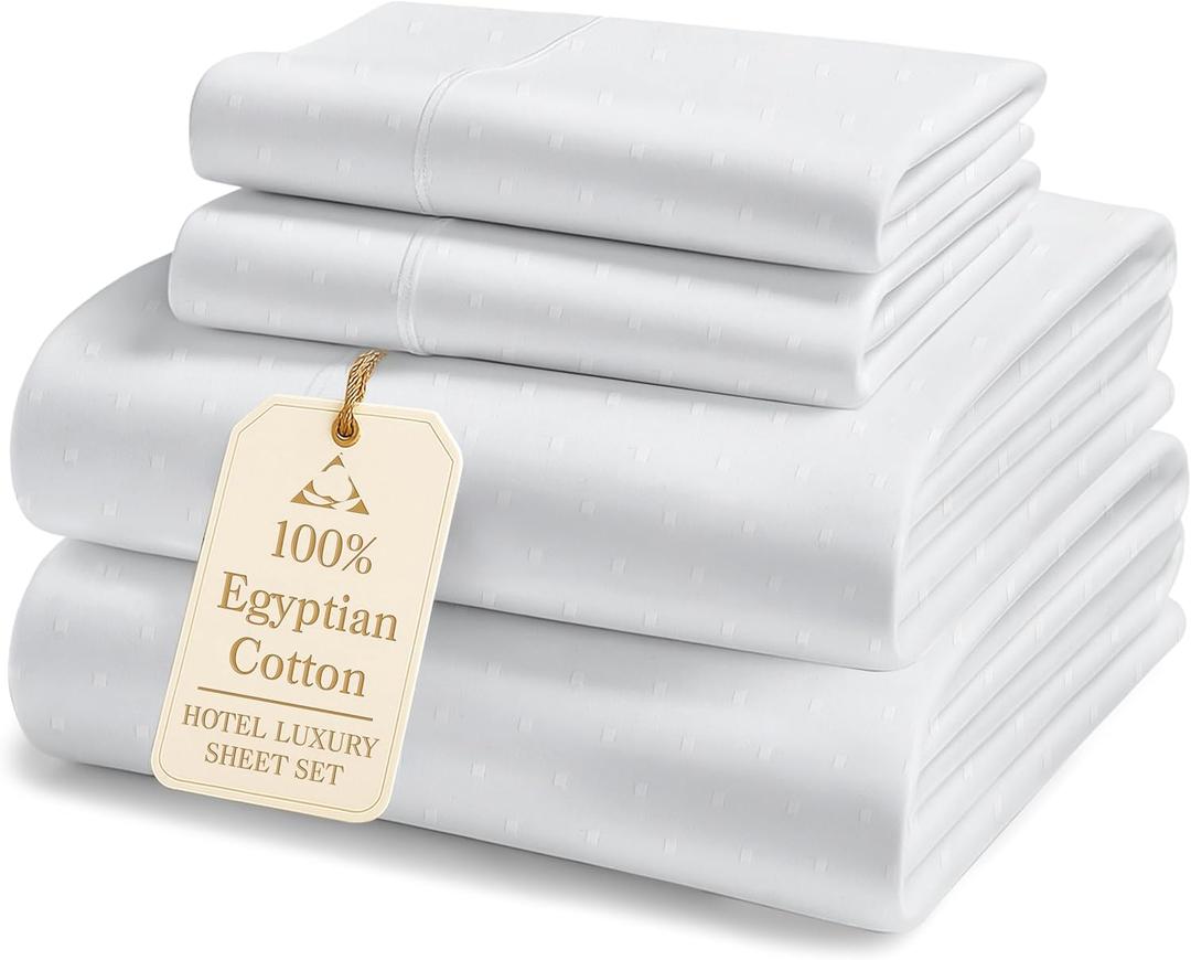 LANE LINEN 100% Egyptian Cotton King Size Sheets Set, Soft & Comfy Luxury Hotel Style Thick Deep Pocket King Sheet Set, No Pill Natural Cooling Elegant Jaquard Swiss Dot White Sheets