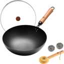 WANGYUANJI Carbon Steel Wok Pan 11 Inch - Round Bottom Traditional Pow Wok (Requires Gas Stove & Wok Ring) - No Coating Hand Hammered Stir Fry Pan with Lid & Detachable Handle