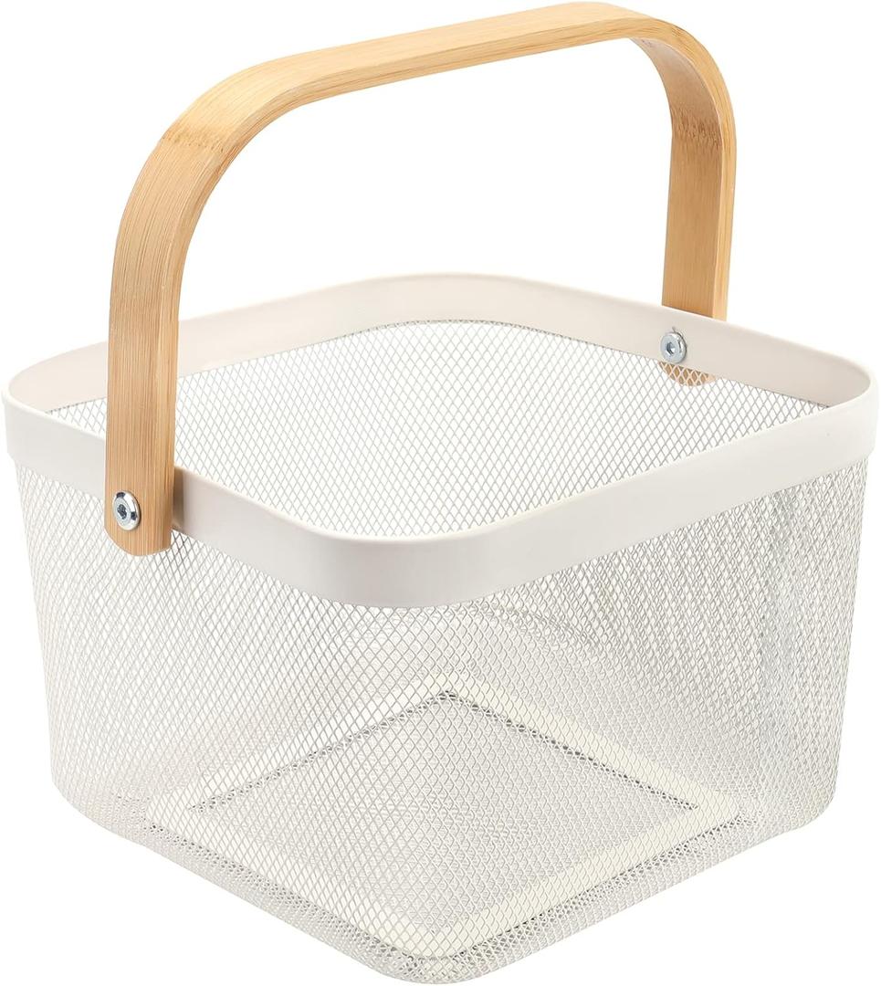 Yopay Mesh Steel Fruit Basket Bin with Wood Handle, White Hanging Storage Organizer, Farmhouse Harvest Gardening Basket for Cabinets, Cupboards, Shelves, Bathroom, Picnic, Shopping