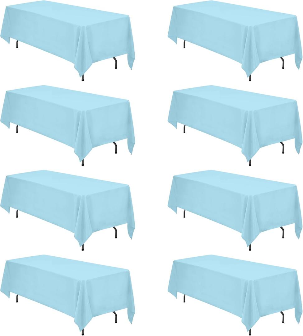 BRILLMAX 8 Pack Light Blue Tablecloths 70 x 120 Inch for 6ft & 8ft Rectangle Tables - 150 GSM Polyester Fabric, Universal Fit, Water, Stain & Wrinkle Resistant Cloth Cover for Wedding Banquet
