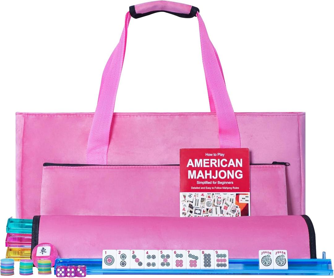 American Mahjong Game Set, 166 White Tiles, 4 All-in-One Color Rack/Pushers, Complete Mahjong Tiles Set with Pink Carrying Bag (Mahjong)
