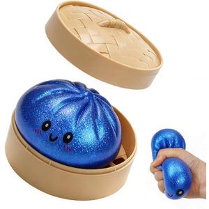 Glitter Dumpling,Blue Glitter Dumpling Squishies Box,Squeeze Dough Ball Stress Relief Hand Toys with Food Steamer Stretchy Desk Toys for Adults(Blue)