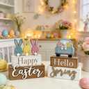 2 Pack Happy Easter Decorations for Home Bunny Truck Easter Decor Rustic Wooden Spring Rabbit Signs Farmhouse Tables Decorations Block Gifts Indoor Tiered Tray Kitchen Shelf Party