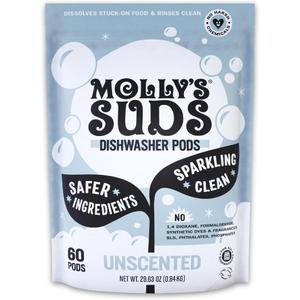 Molly's Suds Dishwasher Pods | Clean Dishwasher Detergent, Cuts Grease & Rinses Clean (Residue-Free) for Sparkling Dishes | 60 Auto-Release Tabs (Unscented)