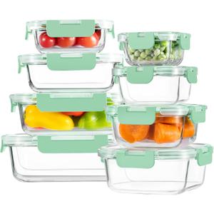 Homberking8 Pack Glass Food Storage Containers with Lids, Meal Prep Containers, Airtight Bento Boxes with Leak Proof Locking for Microwave, Oven, Freezer and Dishwasher, BPA Free, 5-35oz, light blue