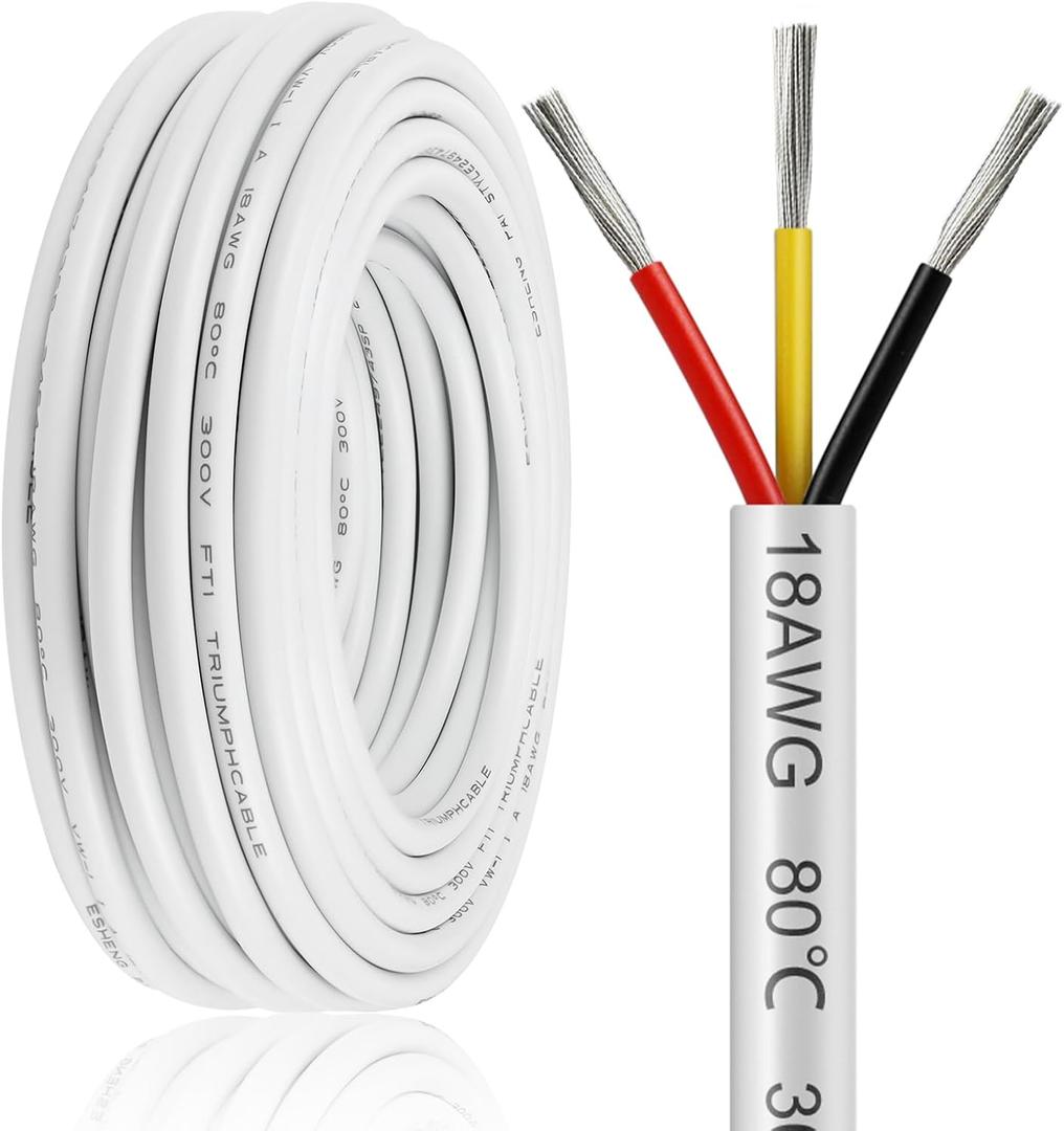 50FT 18 Gauge Wire 3 Conductor, 18AWG Electrical Wire, 18/3 Oxygen Free Stranded Tinned Copper Wire, Insulated Low Voltage Cable for LED Lamps Lights Automotive (50Feet)