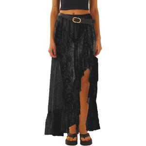 Women Lace Flowy Long Skirt Fairy Asymmetrical Hem See Through Maxi Skirt Summer Aesthetic Streetwear (Large, A 22 Black)