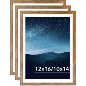 JCJMY 12x16 Picture Frame Set of 3 with 10x14 Mat for 30 x 40cm Diamond Art Painting, Display Photo 10x14 with Mat or 12 x 16 Without Mat, Wall Hanging Large Frame, 3 Pack, Rustic Brown