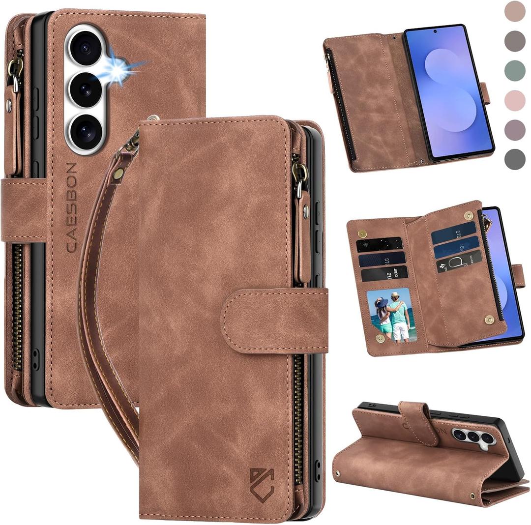 for Samsung Galaxy S25-FE-Wallet Case: with RFID Blocking Card Slots (6 Cards) | Soft PU Leather Magnetic Snap Zipper Pocket | Crossbody Wrist Strap Protective Phone Cover - Brown