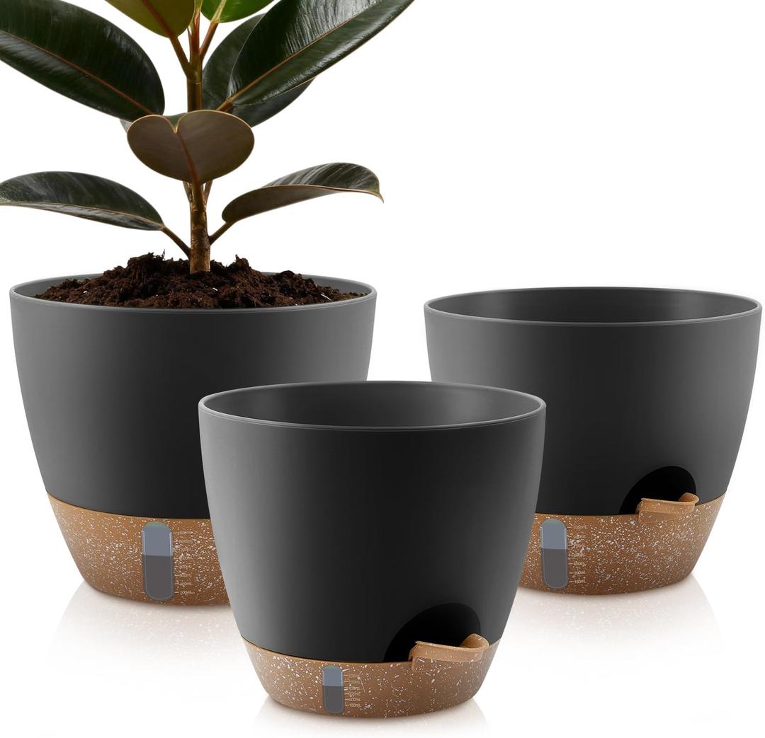 QRRICA Self-Watering Plant Pots with Water Level Indicator, Drainage Holes & Saucers 12/10/9 Inch Large Plastic Planter Set for Indoor & Outdoor Plants(Black)