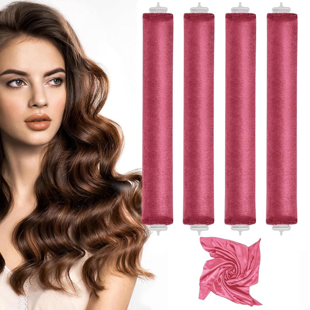 Heatless Curlers, No Heat Hair Curlers to Sleep In for Overnight Curls, Comfortable Hair Curlers to Sleep In, Overnight Heatless Curling Kit with Satin Headscarf, For All Hair Types - 4Pcs Rose-Red