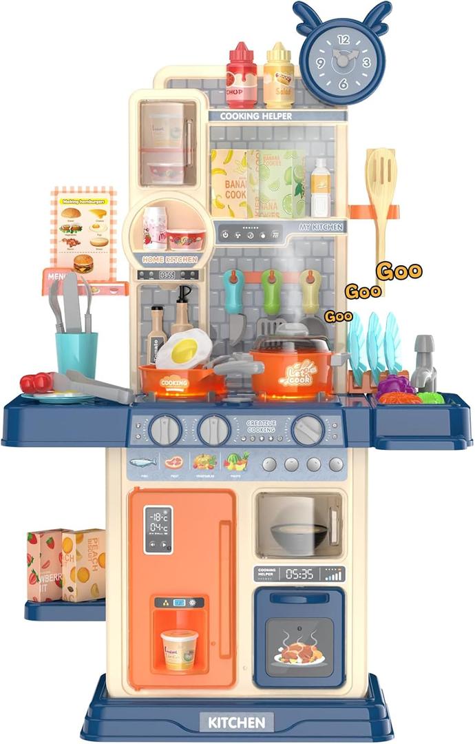 Play Kitchen for Toddlers, Kids Kitchen Playset Toddler Girl Toys with Cooking Stove Steam, Sink and Food Pretend Cooking Set Toy for 3 4 5 Year Old Kid Birthday (Blue)