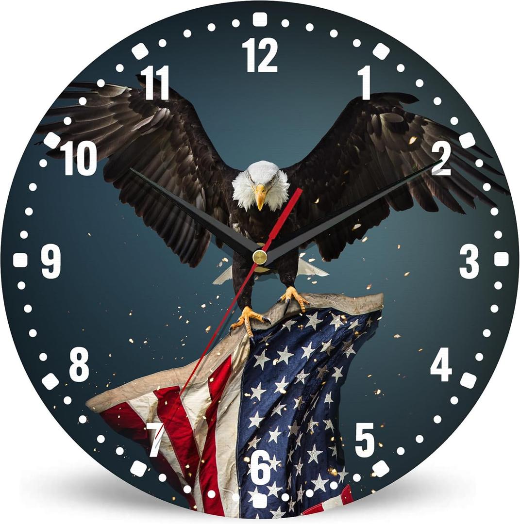 SPUNKER America Flag Eagle Wall Clocks,Patriotic Bald Eagle Wall Clock Battery Operated 10 Inch,Round Clock Silent Non-Ticking Wall Decor for Farmhouse Office Home School Living Room Bedroom