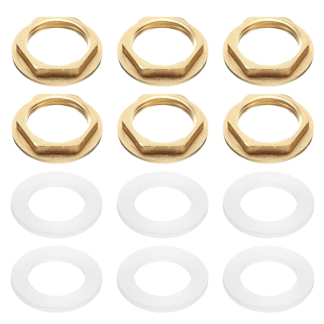 uxcell 6Pcs Brass Lock Nuts Pipe Fitting, 3/4 Inch BSP Female Hex Locknut, Flange Single Hole Faucet Lock Nut with Silicone Washer for Kitchen Basin Sink Plumbing